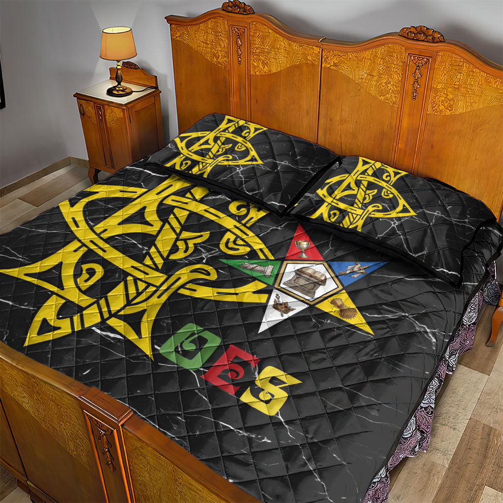 OES Order Of The Eastern Star Quilt Bed Set Five Pointed Star Emblem On Black Marble Texture