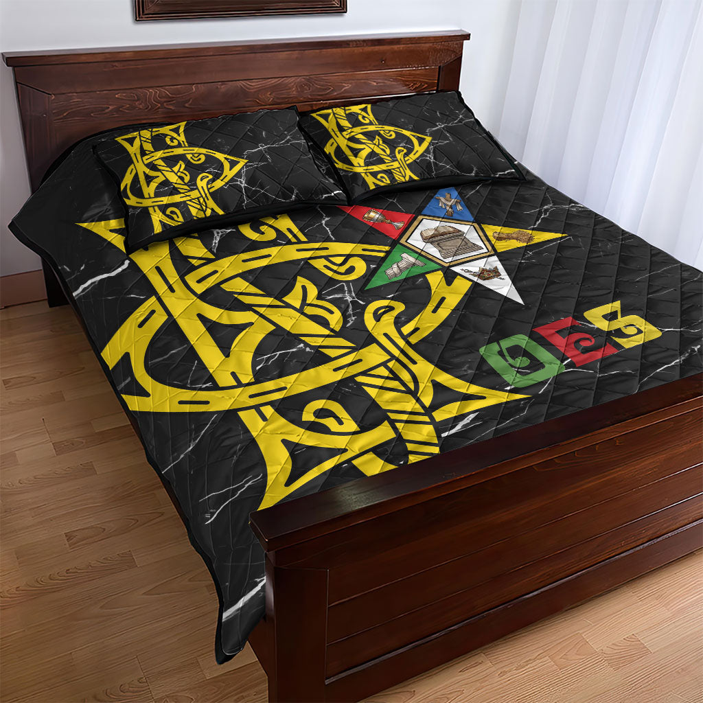 OES Order Of The Eastern Star Quilt Bed Set Five Pointed Star Emblem On Black Marble Texture