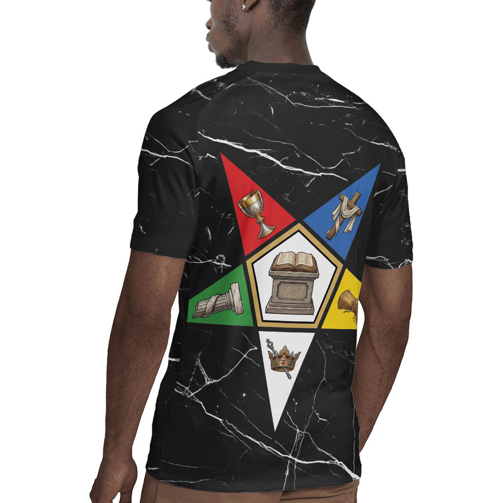 OES Order Of The Eastern Star Rugby Jersey Five Pointed Star Emblem On Black Marble Texture