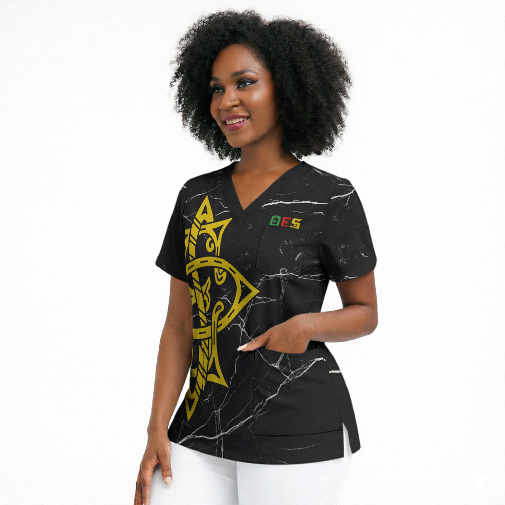 OES Order Of The Eastern Star Scrub Top Five Pointed Star Emblem On Black Marble Texture