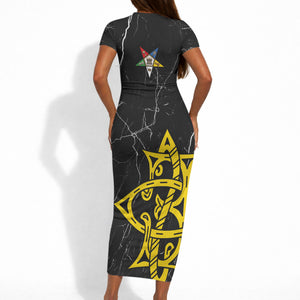 OES Order Of The Eastern Star Short Sleeve Bodycon Dress Five Pointed Star Emblem On Black Marble Texture