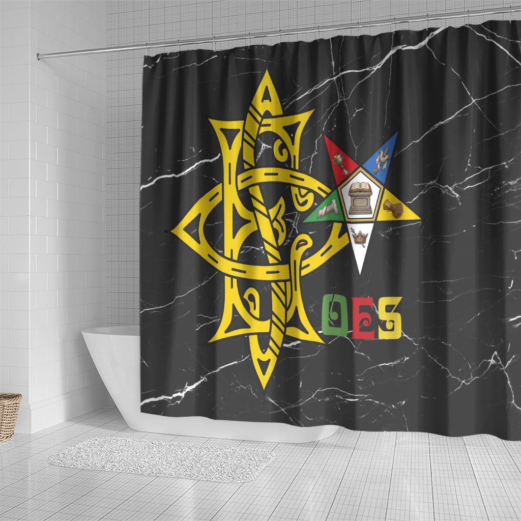 OES Order Of The Eastern Star Shower Curtain Five Pointed Star Emblem On Black Marble Texture