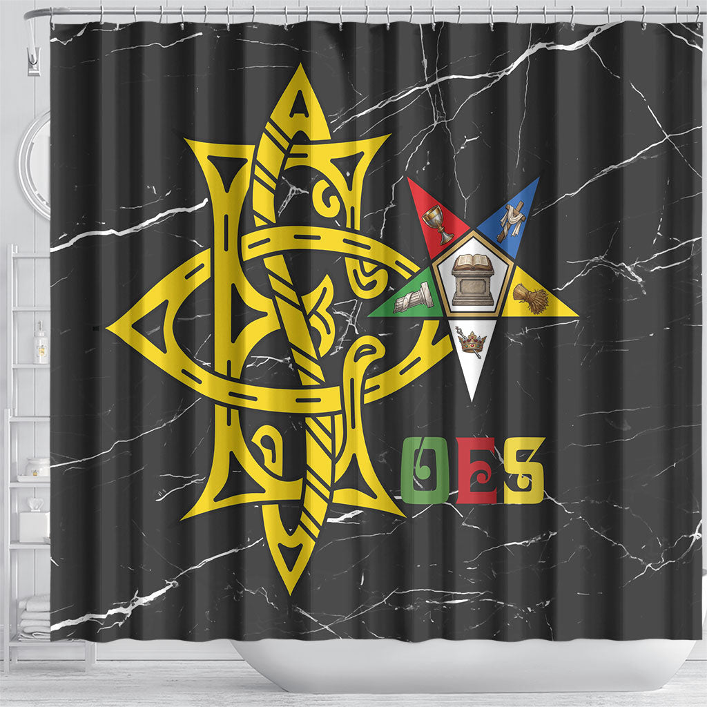 OES Order Of The Eastern Star Shower Curtain Five Pointed Star Emblem On Black Marble Texture