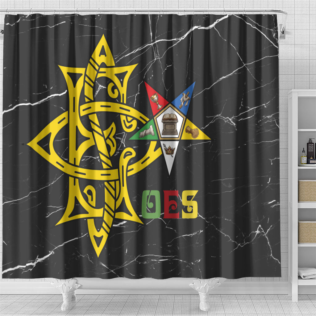 OES Order Of The Eastern Star Shower Curtain Five Pointed Star Emblem On Black Marble Texture
