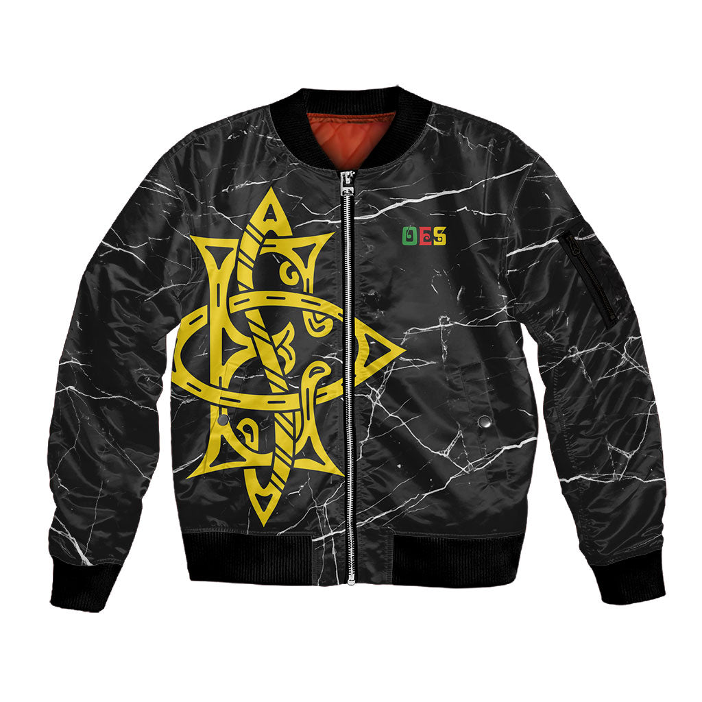 OES Order Of The Eastern Star Sleeve Zip Bomber Jacket Five Pointed Star Emblem On Black Marble Texture