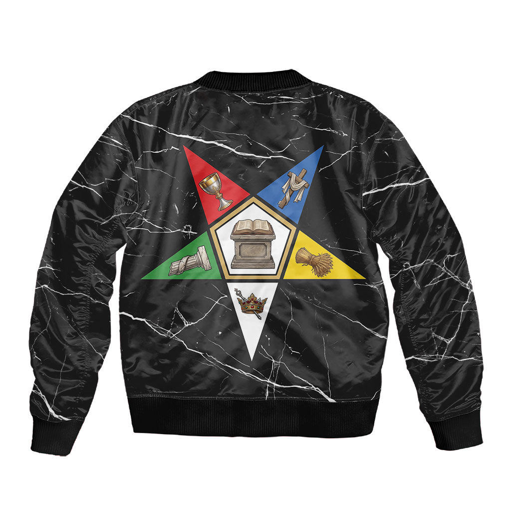 OES Order Of The Eastern Star Sleeve Zip Bomber Jacket Five Pointed Star Emblem On Black Marble Texture