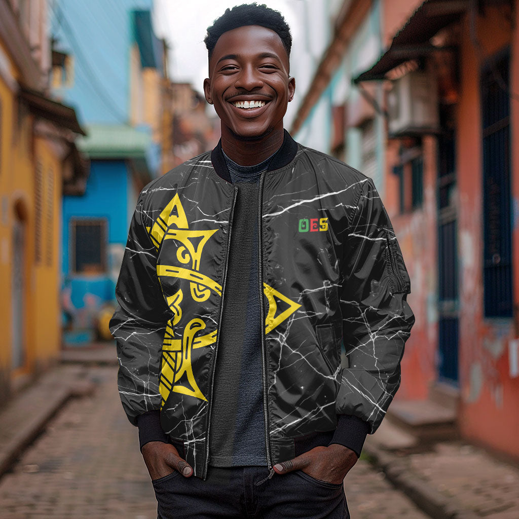 OES Order Of The Eastern Star Sleeve Zip Bomber Jacket Five Pointed Star Emblem On Black Marble Texture