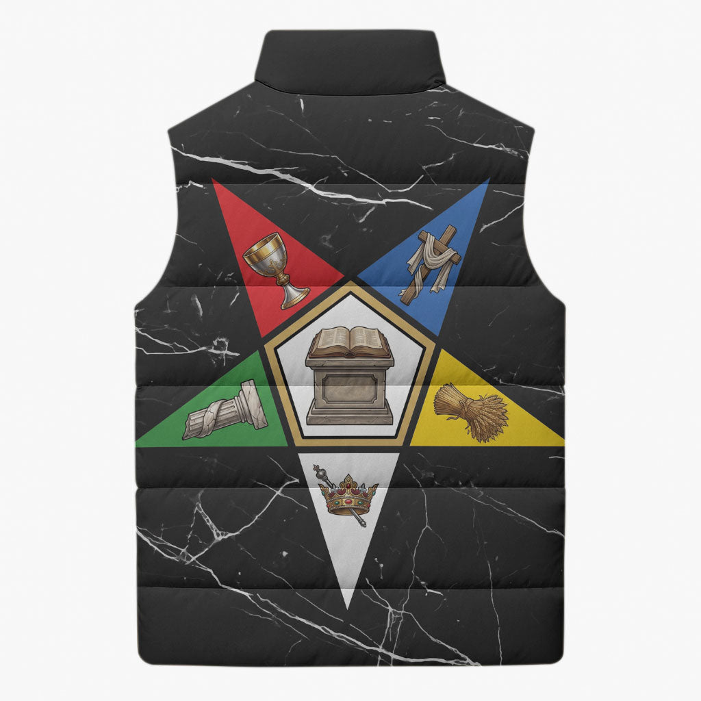 OES Order Of The Eastern Star Sleeveless Puffer Jacket Five Pointed Star Emblem On Black Marble Texture