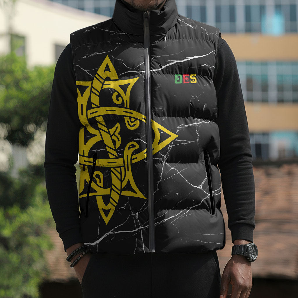 OES Order Of The Eastern Star Sleeveless Puffer Jacket Five Pointed Star Emblem On Black Marble Texture