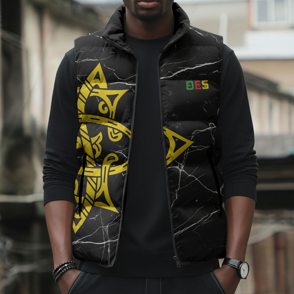 OES Order Of The Eastern Star Sleeveless Puffer Jacket Five Pointed Star Emblem On Black Marble Texture