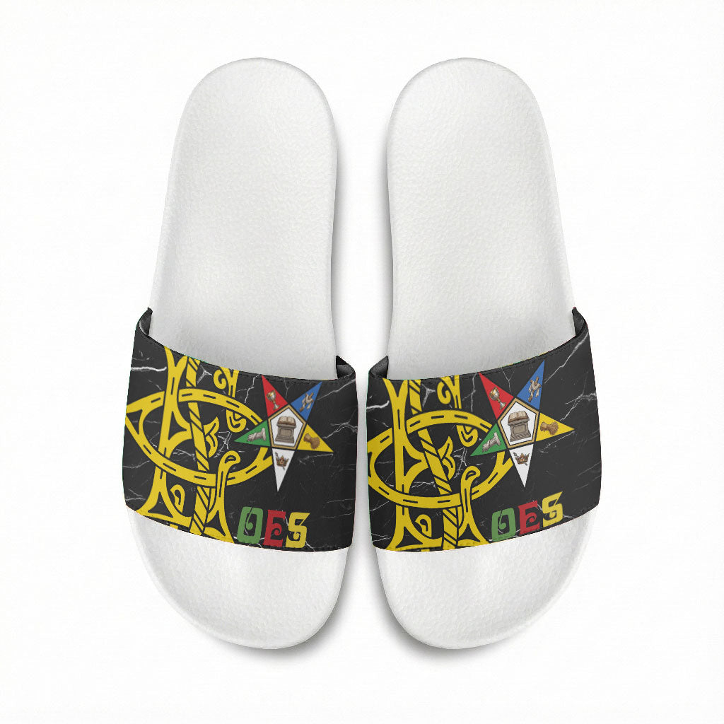 OES Order Of The Eastern Star Slide Sandals Five Pointed Star Emblem On Black Marble Texture