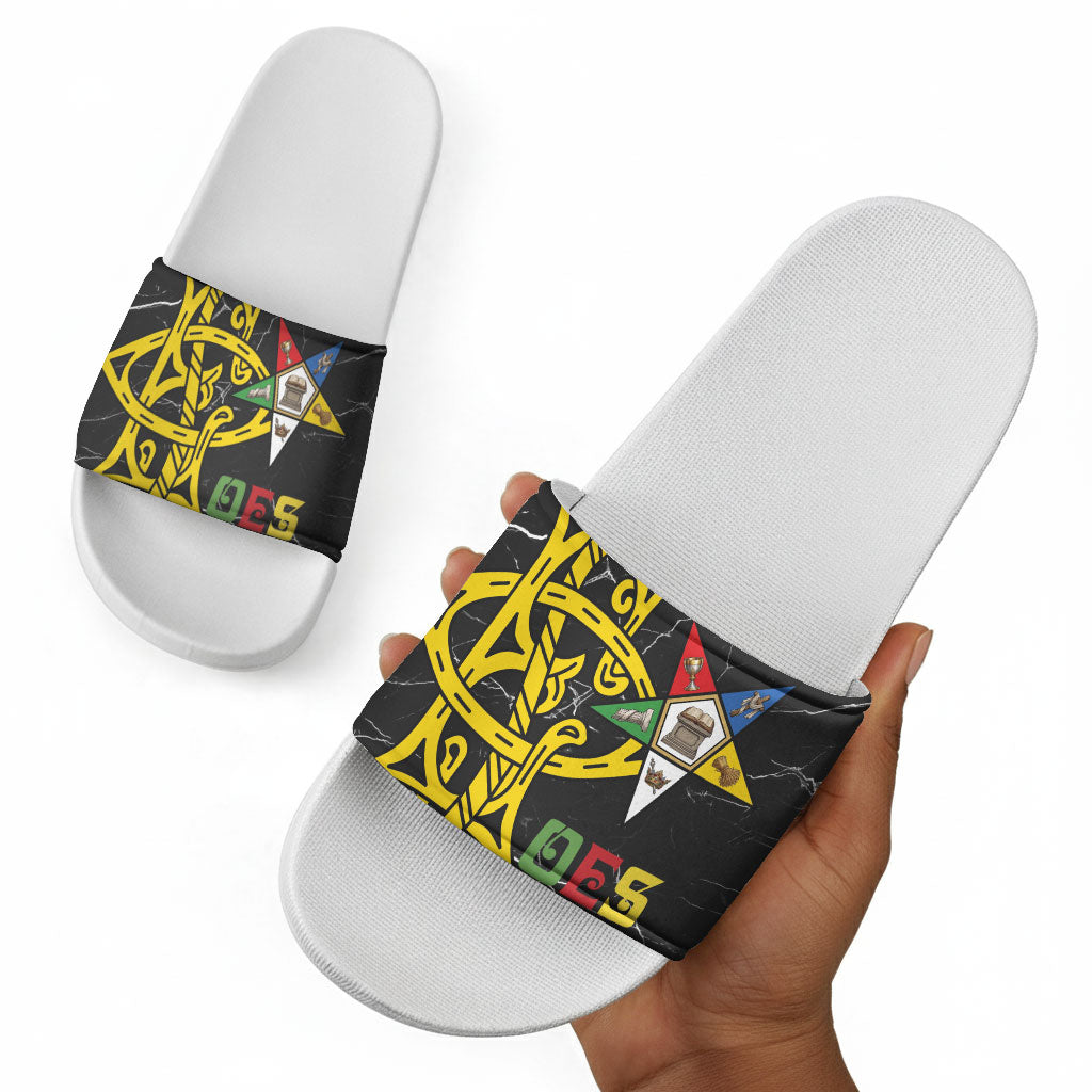 OES Order Of The Eastern Star Slide Sandals Five Pointed Star Emblem On Black Marble Texture