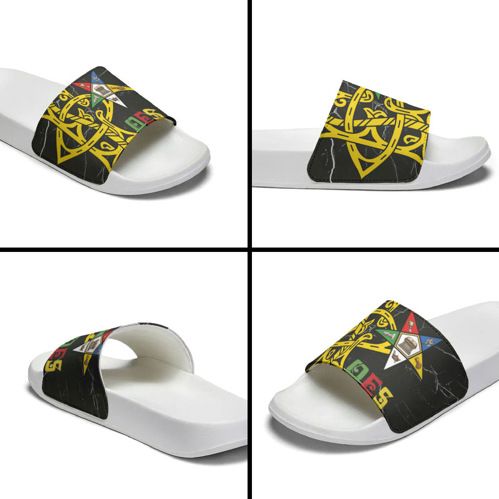 OES Order Of The Eastern Star Slide Sandals Five Pointed Star Emblem On Black Marble Texture