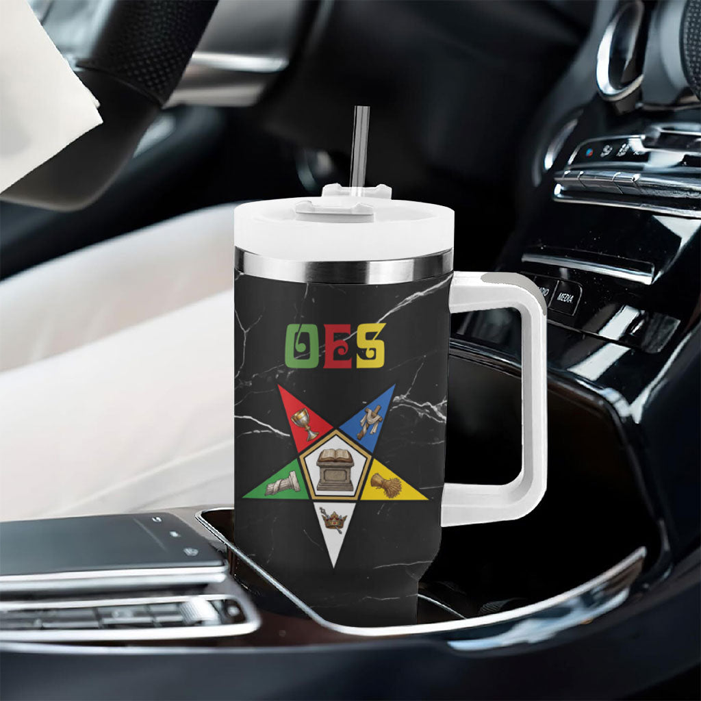 OES Order Of The Eastern Star Tumbler With Handle Five Pointed Star Emblem On Black Marble Texture