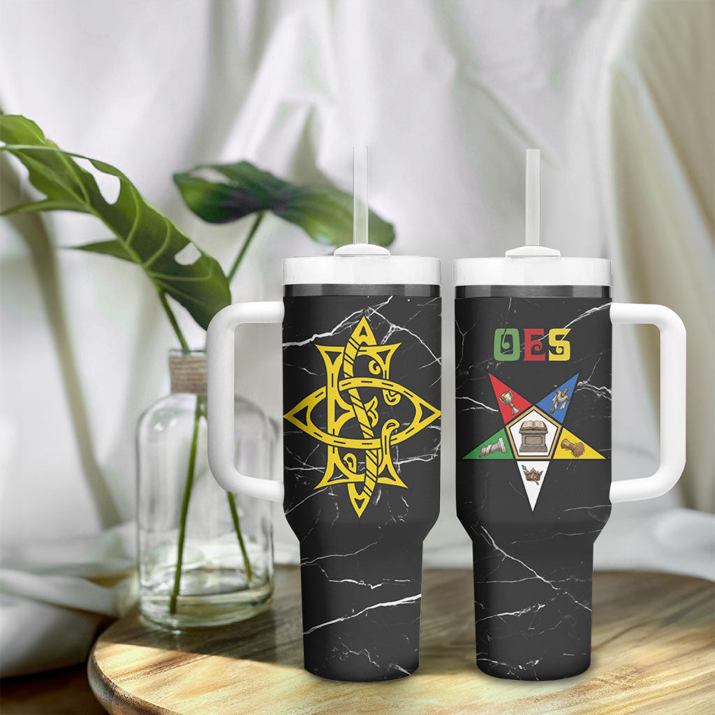 OES Order Of The Eastern Star Tumbler With Handle Five Pointed Star Emblem On Black Marble Texture
