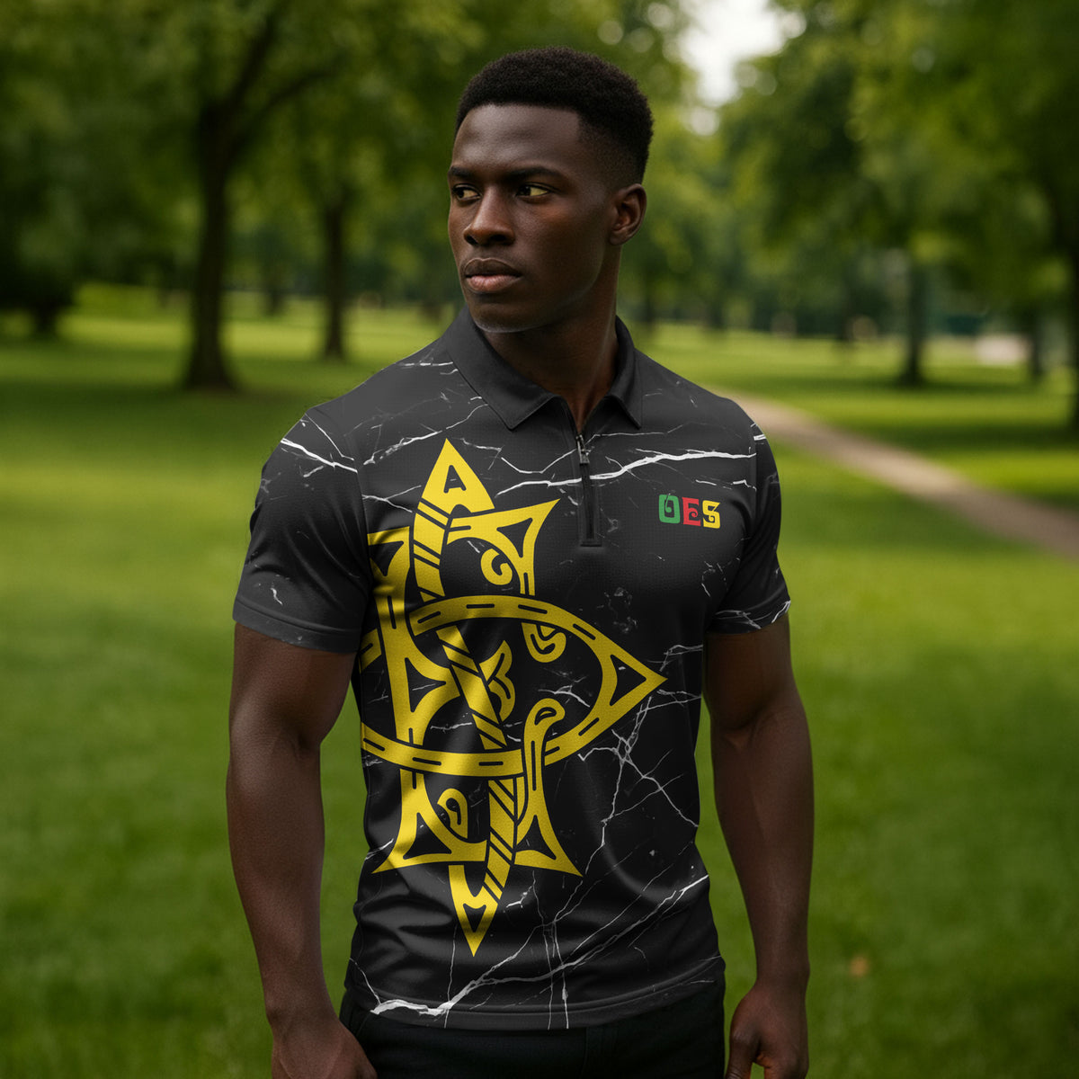 OES Order Of The Eastern Star Zipper Polo Shirt Five Pointed Star Emblem On Black Marble Texture