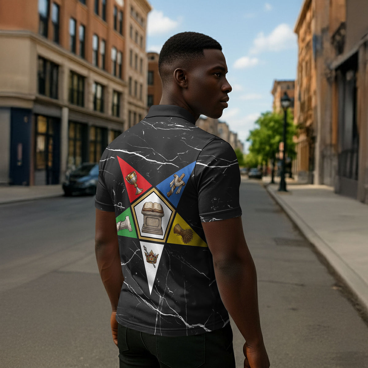 OES Order Of The Eastern Star Zipper Polo Shirt Five Pointed Star Emblem On Black Marble Texture