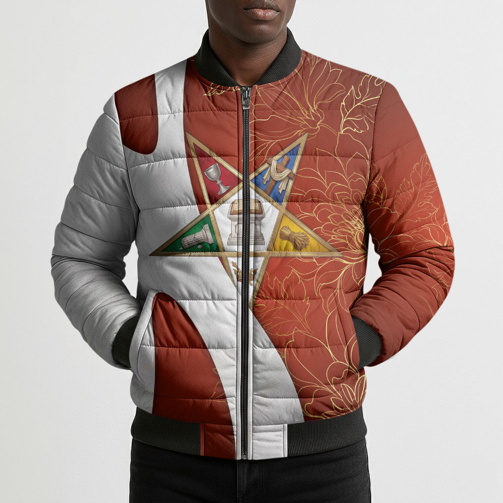 OES Order Of The Eastern Star Bomber Puffer Jacket Five Pointed Star Emblem With Gold Floral Art