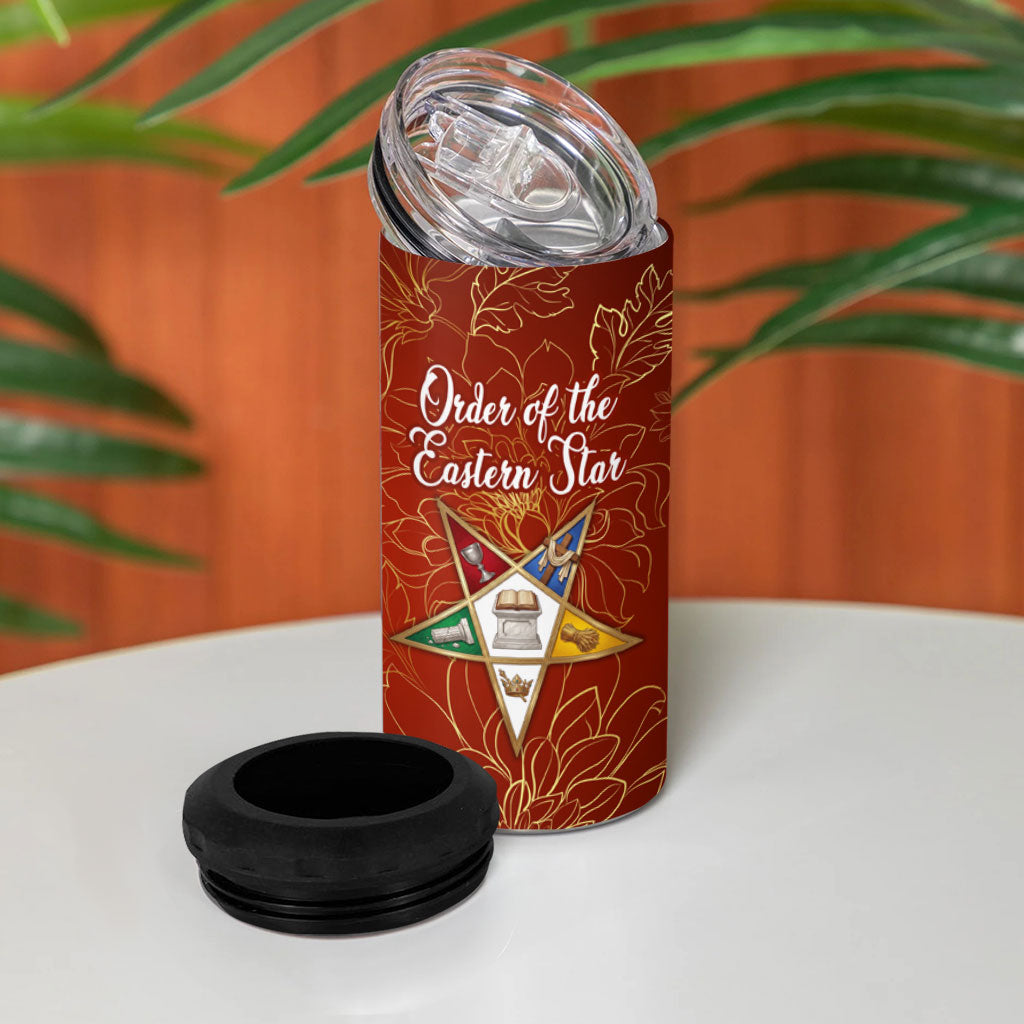 OES Order Of The Eastern Star 4 in 1 Can Cooler Tumbler Five Pointed Star Emblem With Gold Floral Art