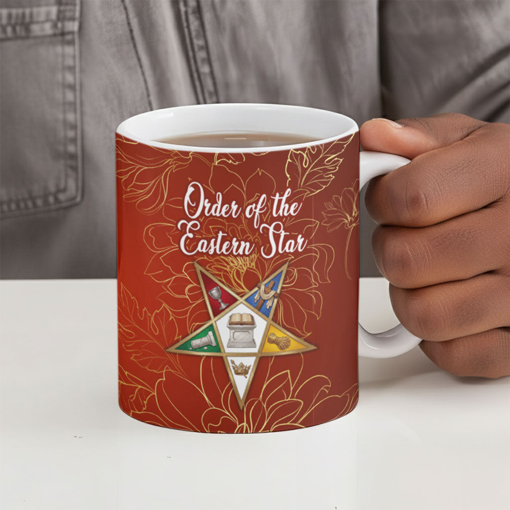 OES Order Of The Eastern Star Ceramic Mug Five Pointed Star Emblem With Gold Floral Art