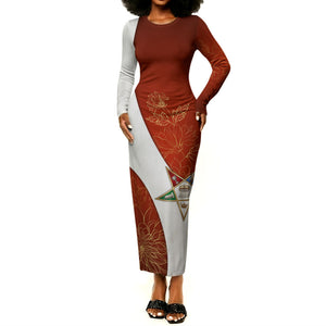 OES Order Of The Eastern Star Long Sleeve Bodycon Dress Five Pointed Star Emblem With Gold Floral Art