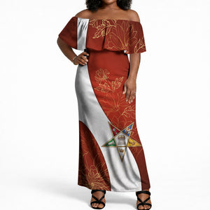 OES Order Of The Eastern Star Off Shoulder Maxi Dress Five Pointed Star Emblem With Gold Floral Art