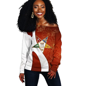 OES Order Of The Eastern Star Off Shoulder Sweater Five Pointed Star Emblem With Gold Floral Art