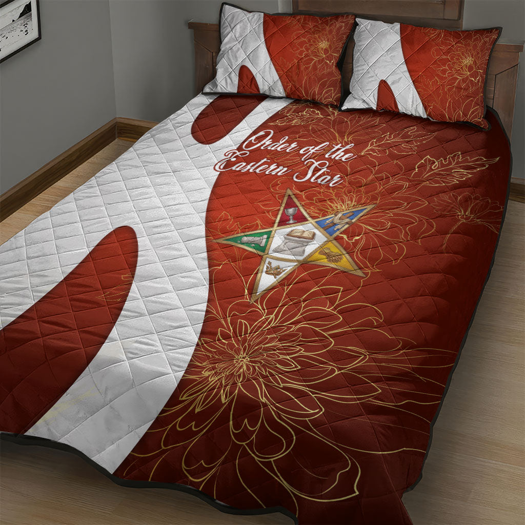 OES Order Of The Eastern Star Quilt Bed Set Five Pointed Star Emblem With Gold Floral Art