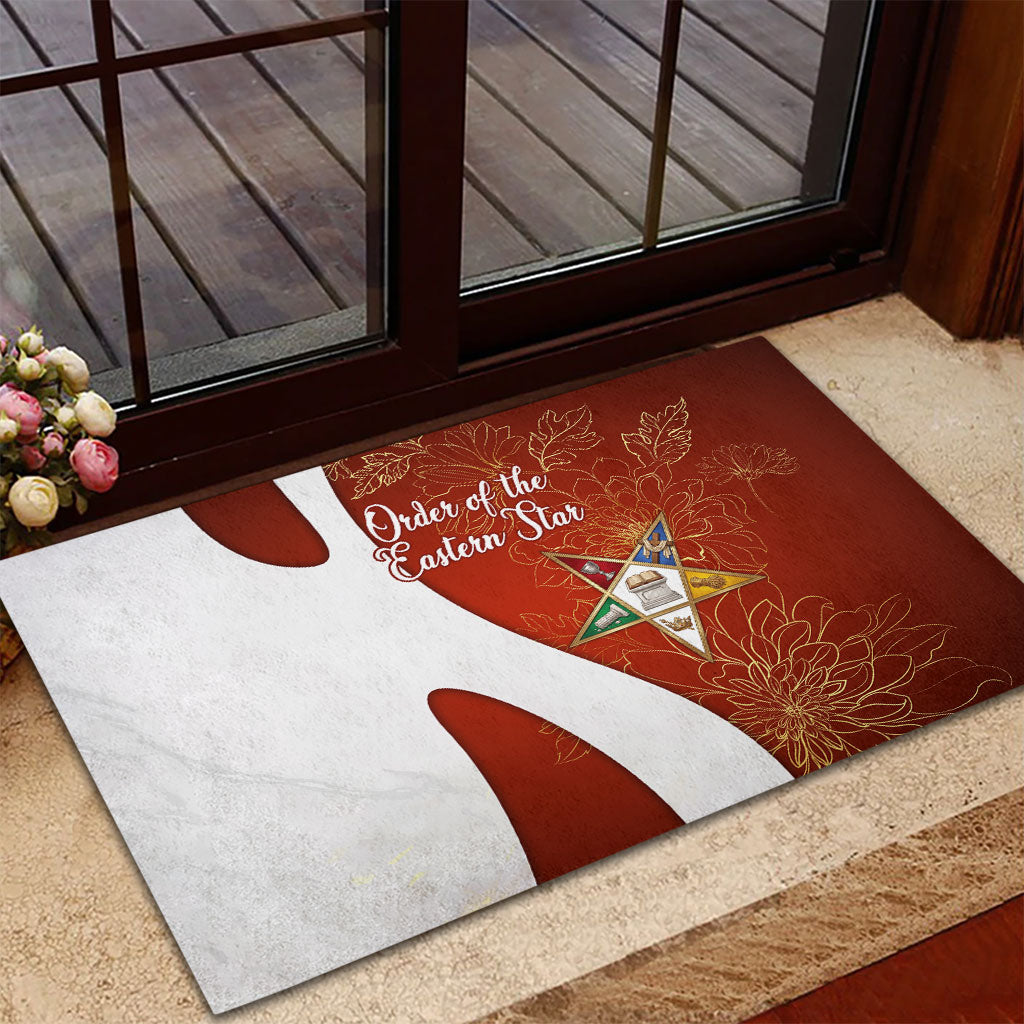 OES Order Of The Eastern Star Rubber Doormat Five Pointed Star Emblem With Gold Floral Art