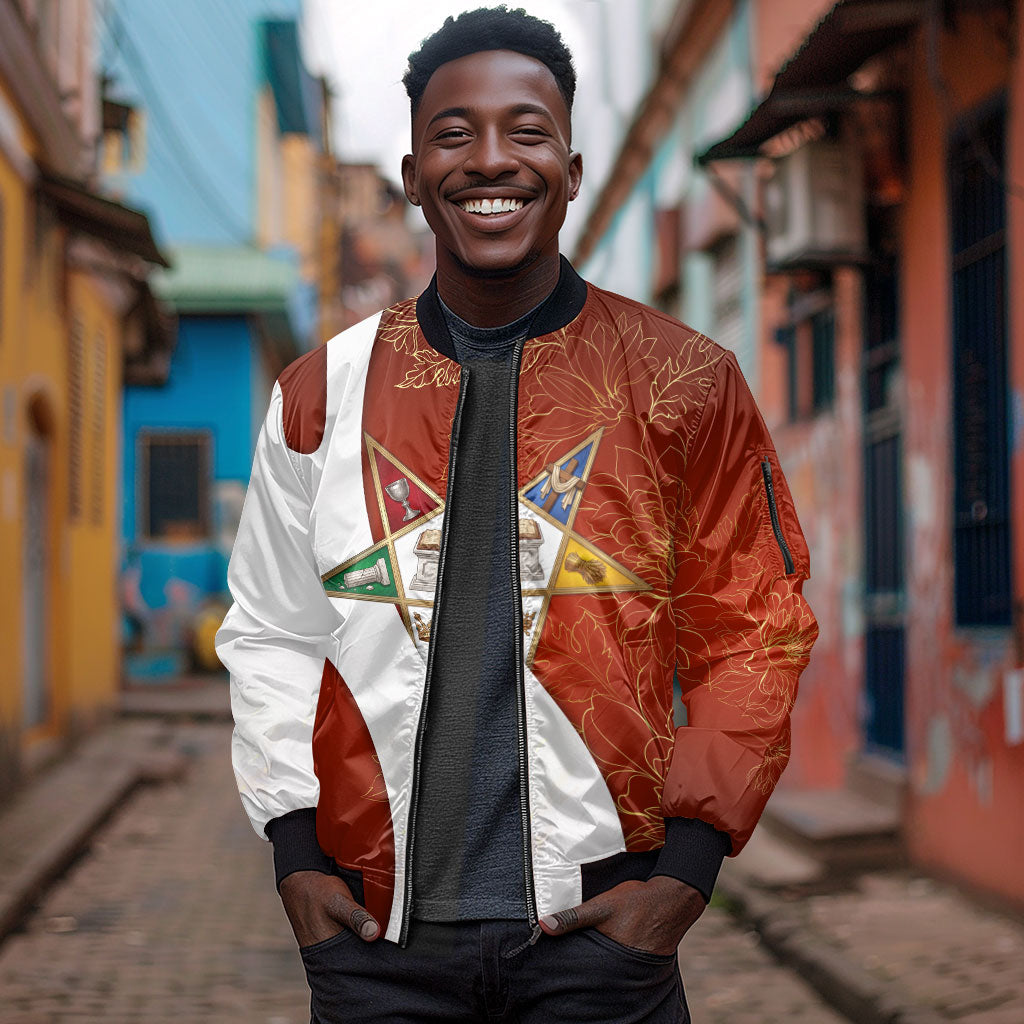 OES Order Of The Eastern Star Sleeve Zip Bomber Jacket Five Pointed Star Emblem With Gold Floral Art