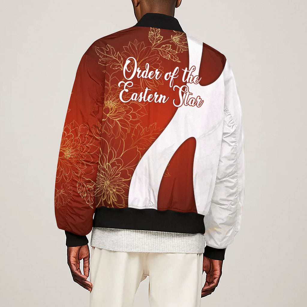 OES Order Of The Eastern Star Sleeve Zip Bomber Jacket Five Pointed Star Emblem With Gold Floral Art