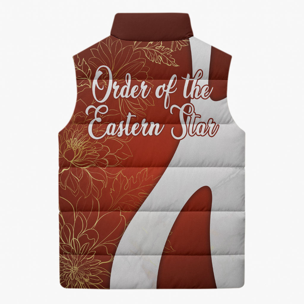 OES Order Of The Eastern Star Sleeveless Puffer Jacket Five Pointed Star Emblem With Gold Floral Art