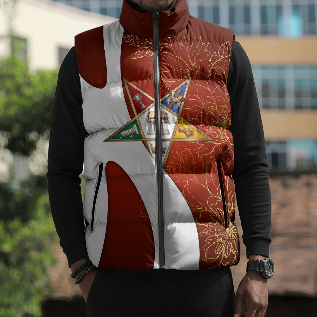 OES Order Of The Eastern Star Sleeveless Puffer Jacket Five Pointed Star Emblem With Gold Floral Art