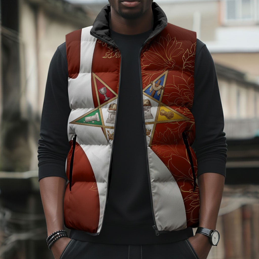 OES Order Of The Eastern Star Sleeveless Puffer Jacket Five Pointed Star Emblem With Gold Floral Art