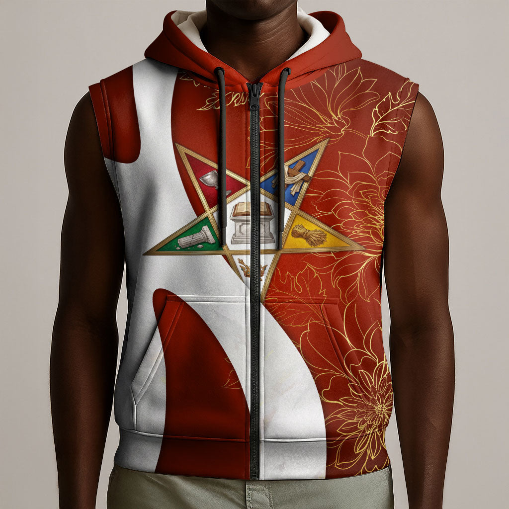 OES Order Of The Eastern Star Sleeveless Zip Hoodie Five Pointed Star Emblem With Gold Floral Art