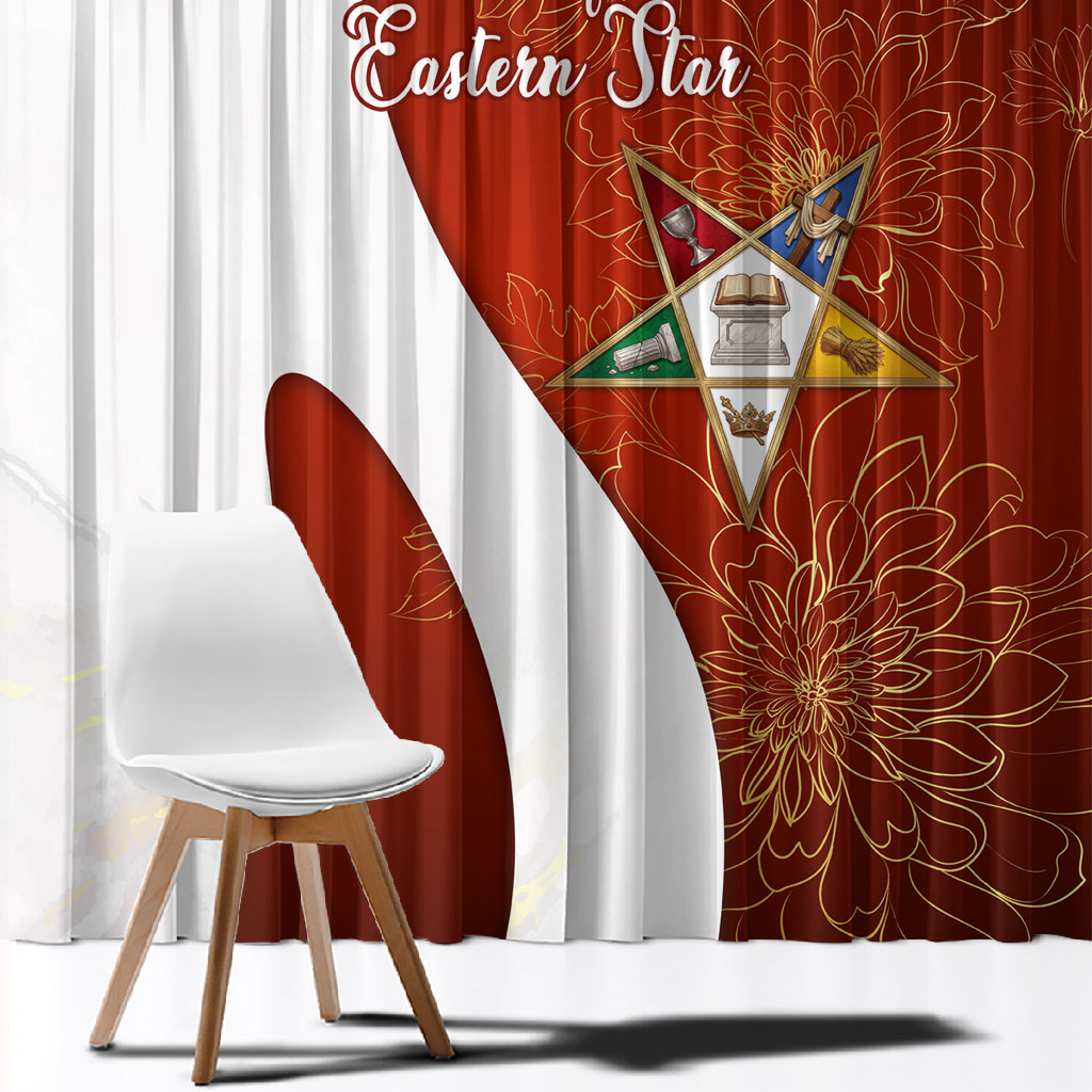 OES Order Of The Eastern Star Window Curtain Five Pointed Star Emblem With Gold Floral Art