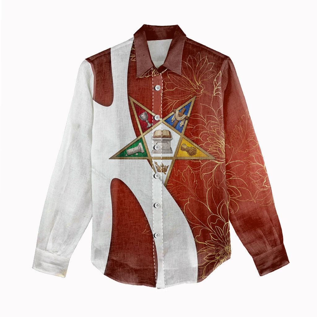 OES Order Of The Eastern Star Women Casual Shirt Five Pointed Star Emblem With Gold Floral Art