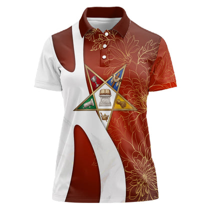 OES Order Of The Eastern Star Women Polo Shirt Five Pointed Star Emblem With Gold Floral Art