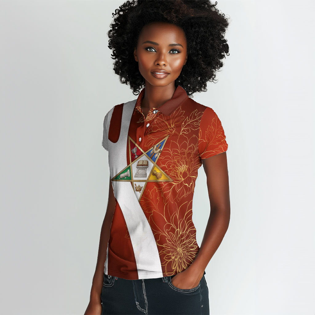 OES Order Of The Eastern Star Women Polo Shirt Five Pointed Star Emblem With Gold Floral Art