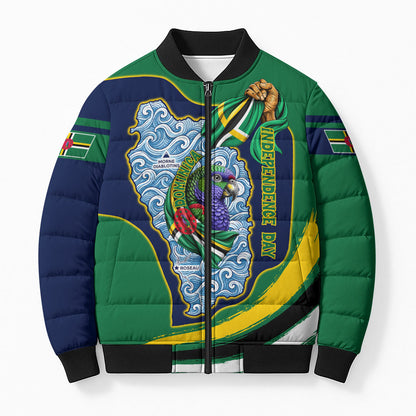 Dominica Independence Day Bomber Puffer Jacket Sisserou Parrot Creole Culture Island Flag Art