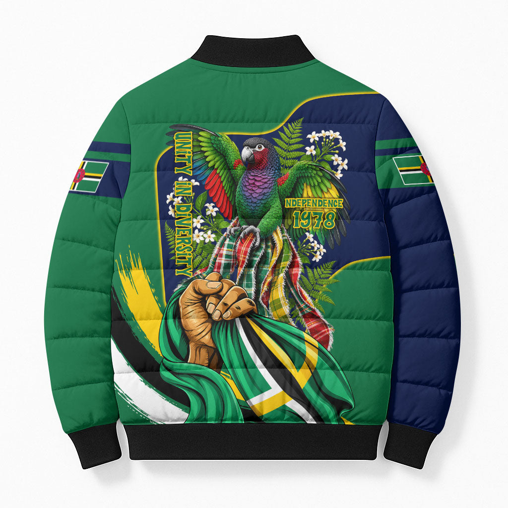 Dominica Independence Day Bomber Puffer Jacket Sisserou Parrot Creole Culture Island Flag Art