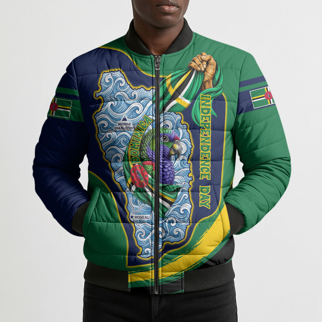 Dominica Independence Day Bomber Puffer Jacket Sisserou Parrot Creole Culture Island Flag Art