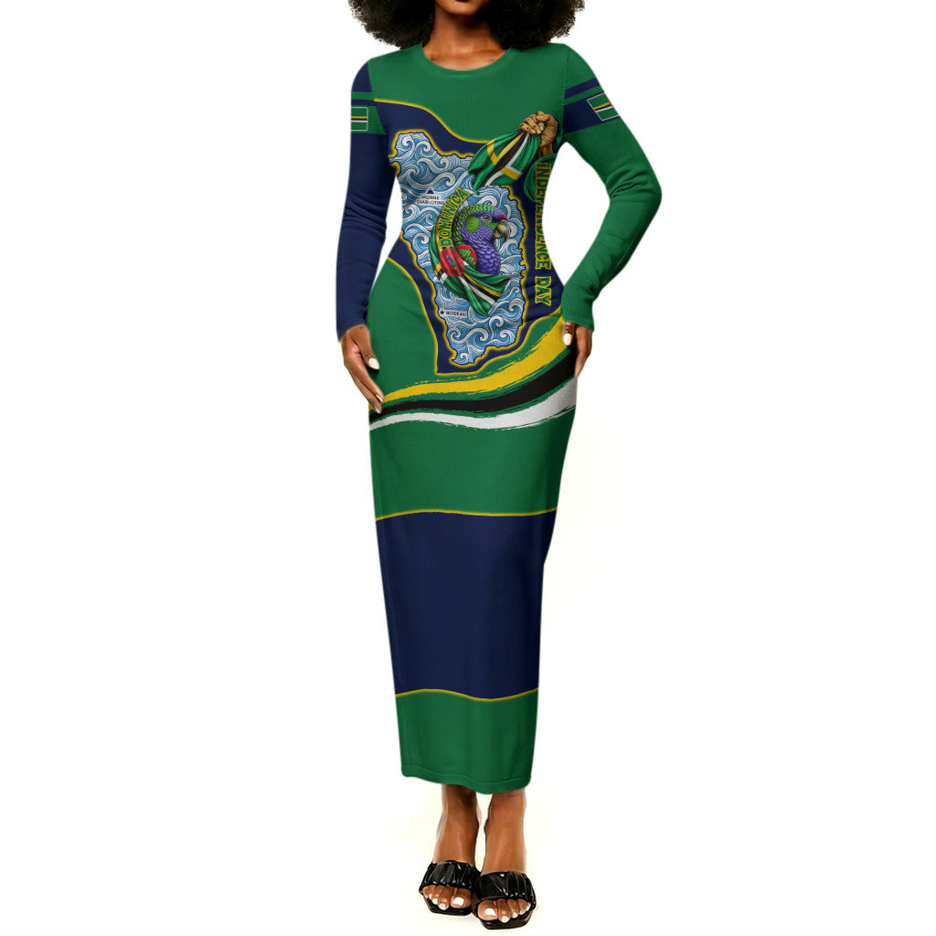 Dominica Independence Day Long Sleeve Bodycon Dress Sisserou Parrot Creole Culture Island Flag Art
