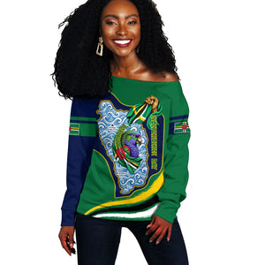Dominica Independence Day Off Shoulder Sweater Sisserou Parrot Creole Culture Island Flag Art