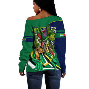 Dominica Independence Day Off Shoulder Sweater Sisserou Parrot Creole Culture Island Flag Art