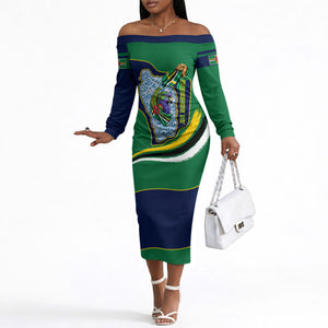 Dominica Independence Day Off The Shoulder Long Sleeve Dress Sisserou Parrot Creole Culture Island Flag Art