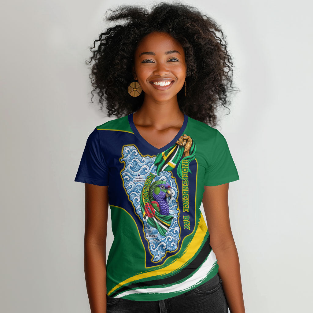 Dominica Independence Day Women V-Neck T-Shirt Sisserou Parrot Creole Culture Island Flag Art