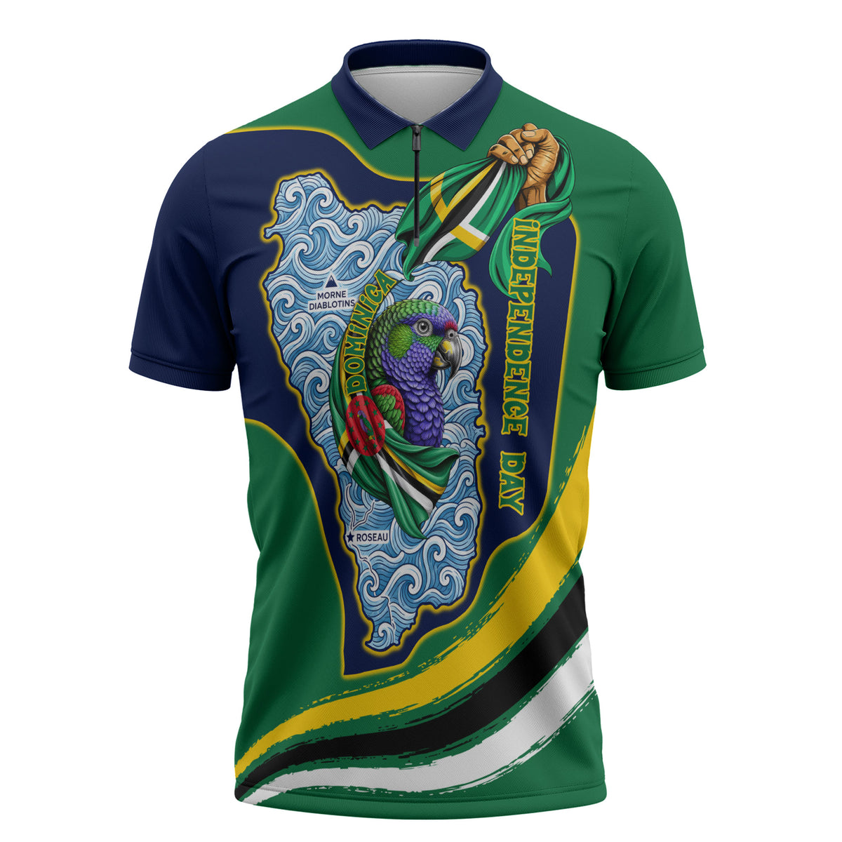 Dominica Independence Day Zipper Polo Shirt Sisserou Parrot Creole Culture Island Flag Art