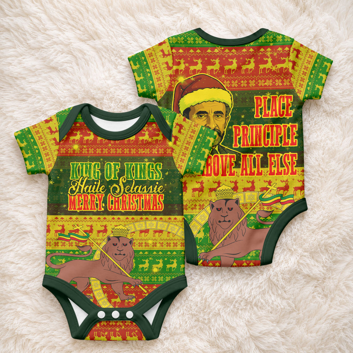 Ethiopia Haile Selassie Christmas Baby Onesie King Of Kings Lion Of Judah Ugly Pattern Holiday
