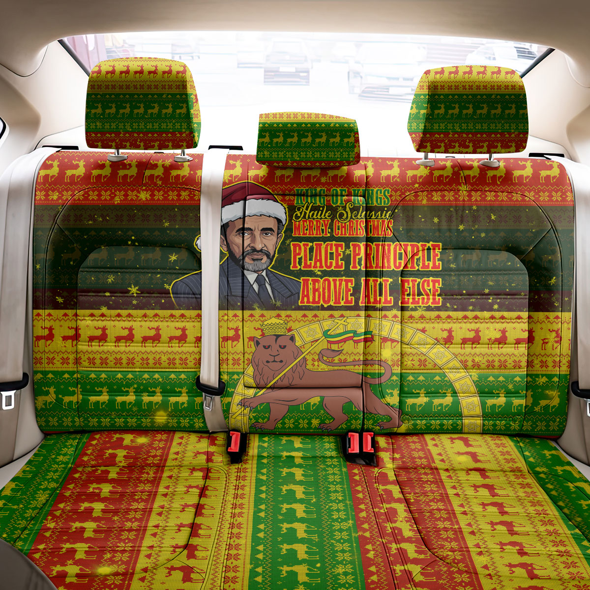 Ethiopia Haile Selassie Christmas Back Car Seat Cover King Of Kings Lion Of Judah Ugly Pattern Holiday